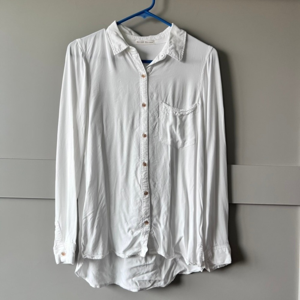 Becool Button Down‎ Shirt Womens Small White High Low Long Sleeve Pocket Classic